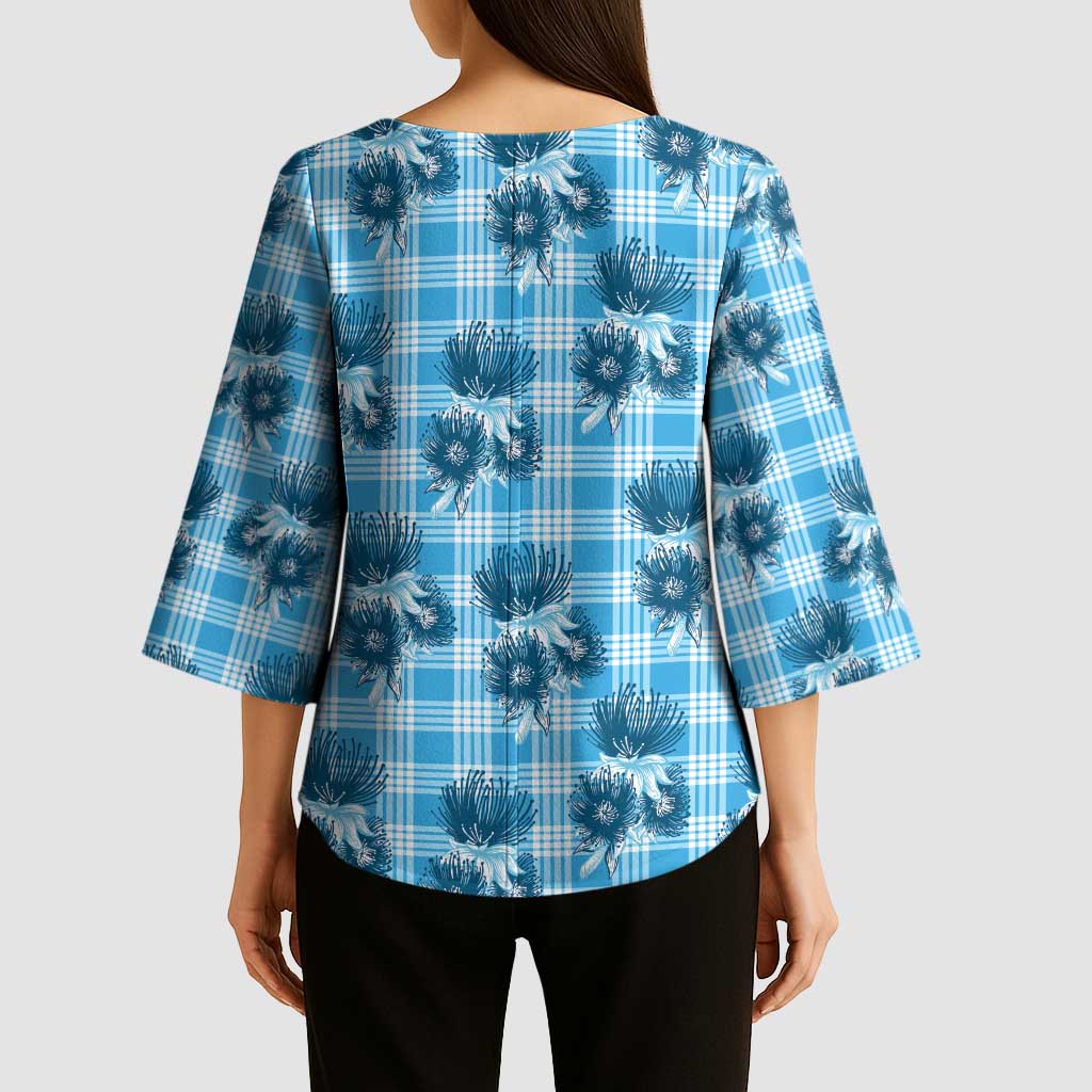 Blue Palaka Hawaii Kimono Sleeve Blouse Hawaiian Lehua Blossoms LT05 - Polynesian Pride