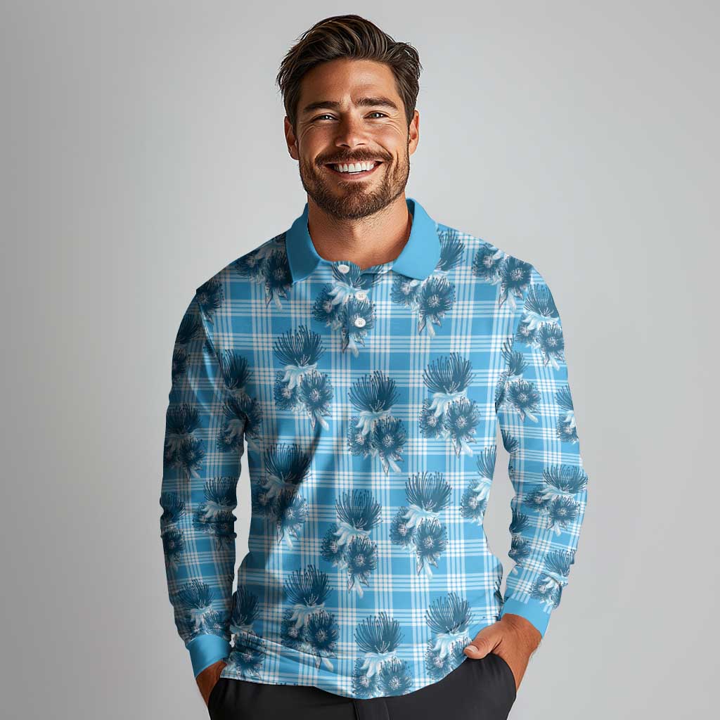 Blue Palaka Hawaii Long Sleeve Polo Shirt Hawaiian Lehua Blossoms