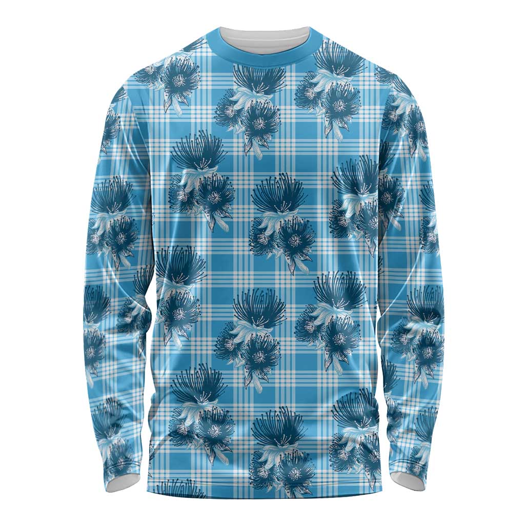 Blue Palaka Hawaii Long Sleeve Shirt Hawaiian Lehua Blossoms
