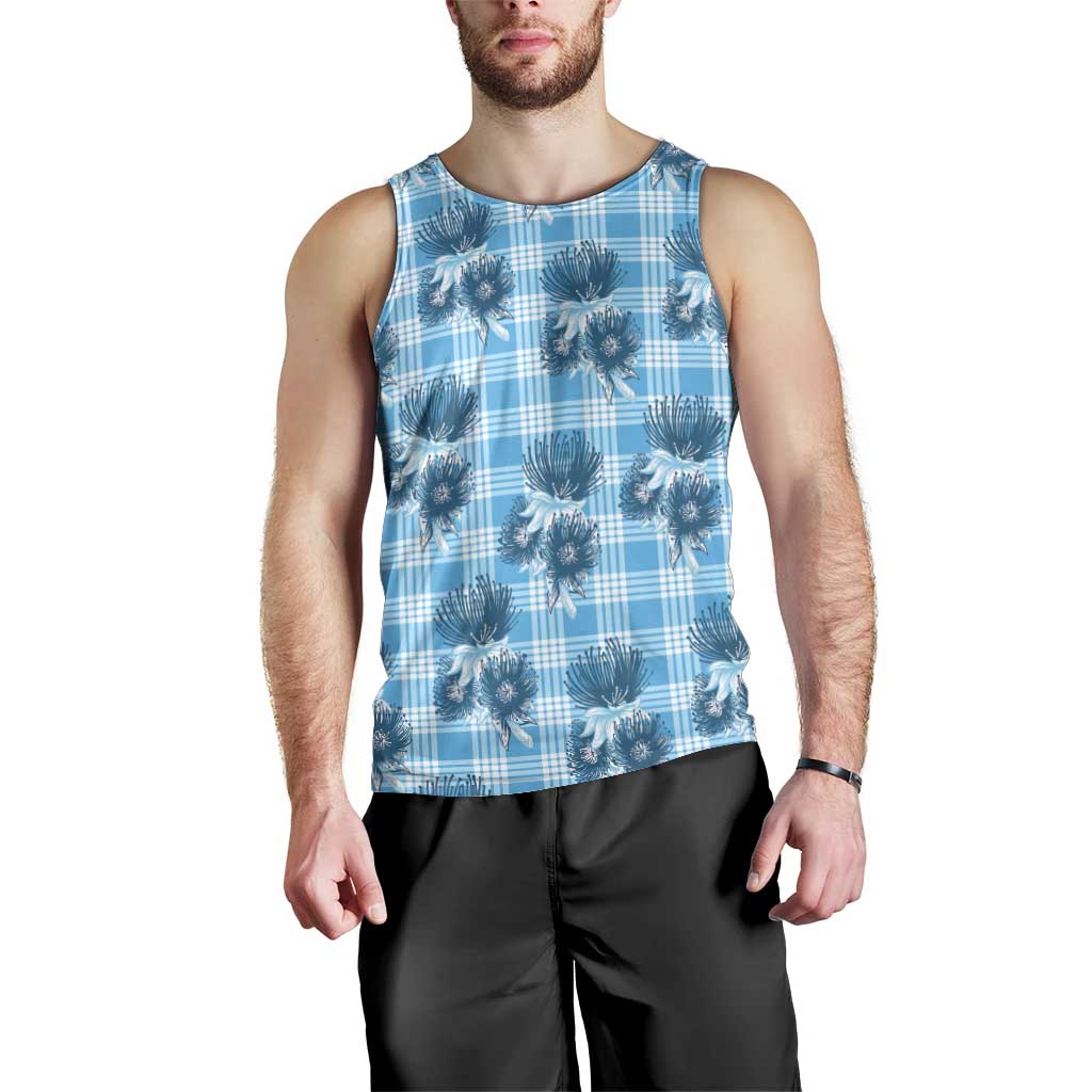 Blue Palaka Hawaii Men Tank Top Hawaiian Lehua Blossoms