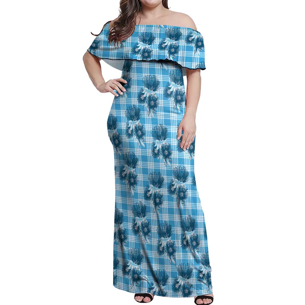 Blue Palaka Hawaii Off Shoulder Maxi Dress Hawaiian Lehua Blossoms
