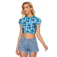 Blue Palaka Hawaii Raglan Cropped T Shirt Hawaiian Lehua Blossoms LT05 Female Blue - Polynesian Pride