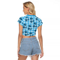 Blue Palaka Hawaii Raglan Cropped T Shirt Hawaiian Lehua Blossoms LT05 - Polynesian Pride