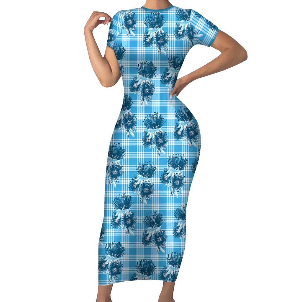 Blue Palaka Hawaii Short Sleeve Bodycon Dress Hawaiian Lehua Blossoms