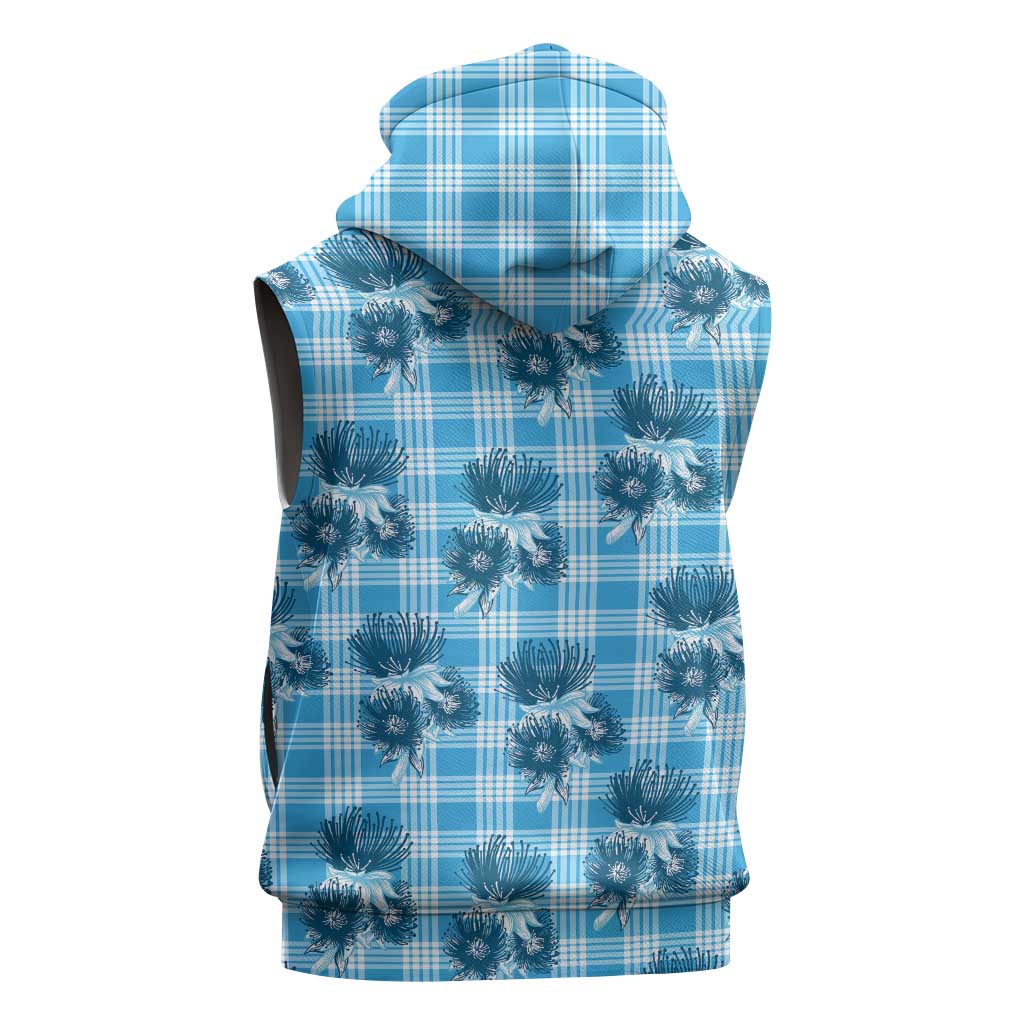 Blue Palaka Hawaii Sleeveless Hoodie Hawaiian Lehua Blossoms