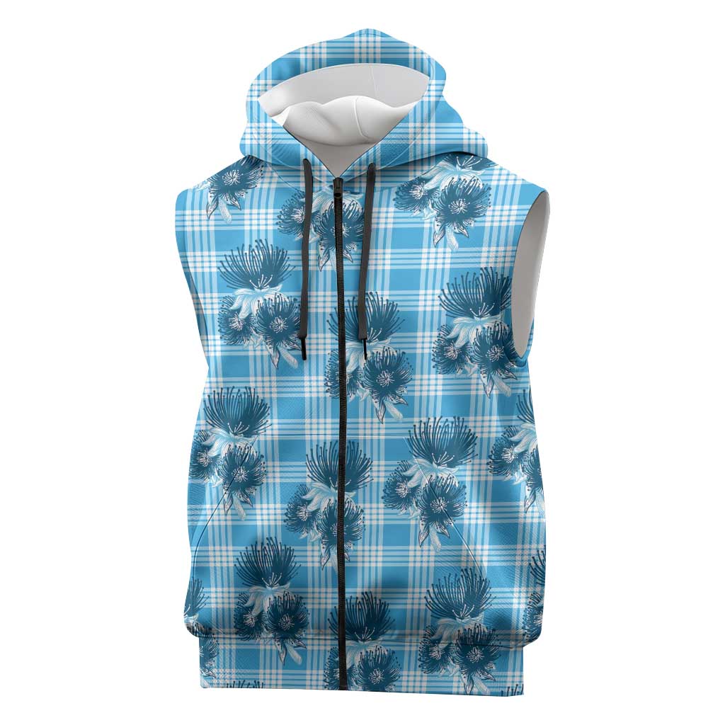 Blue Palaka Hawaii Sleeveless Zip Hoodie Hawaiian Lehua Blossoms