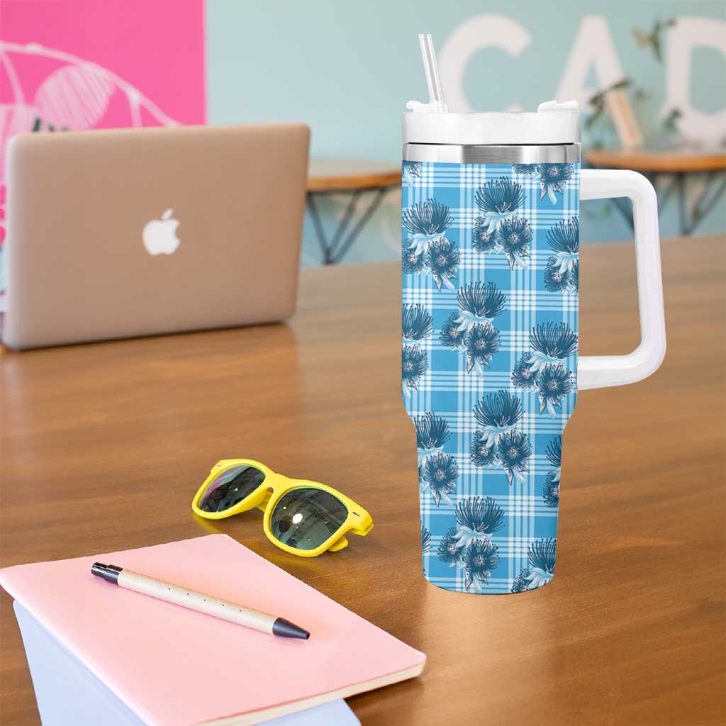 Blue Palaka Hawaii Tumbler With Handle Hawaiian Lehua Blossoms