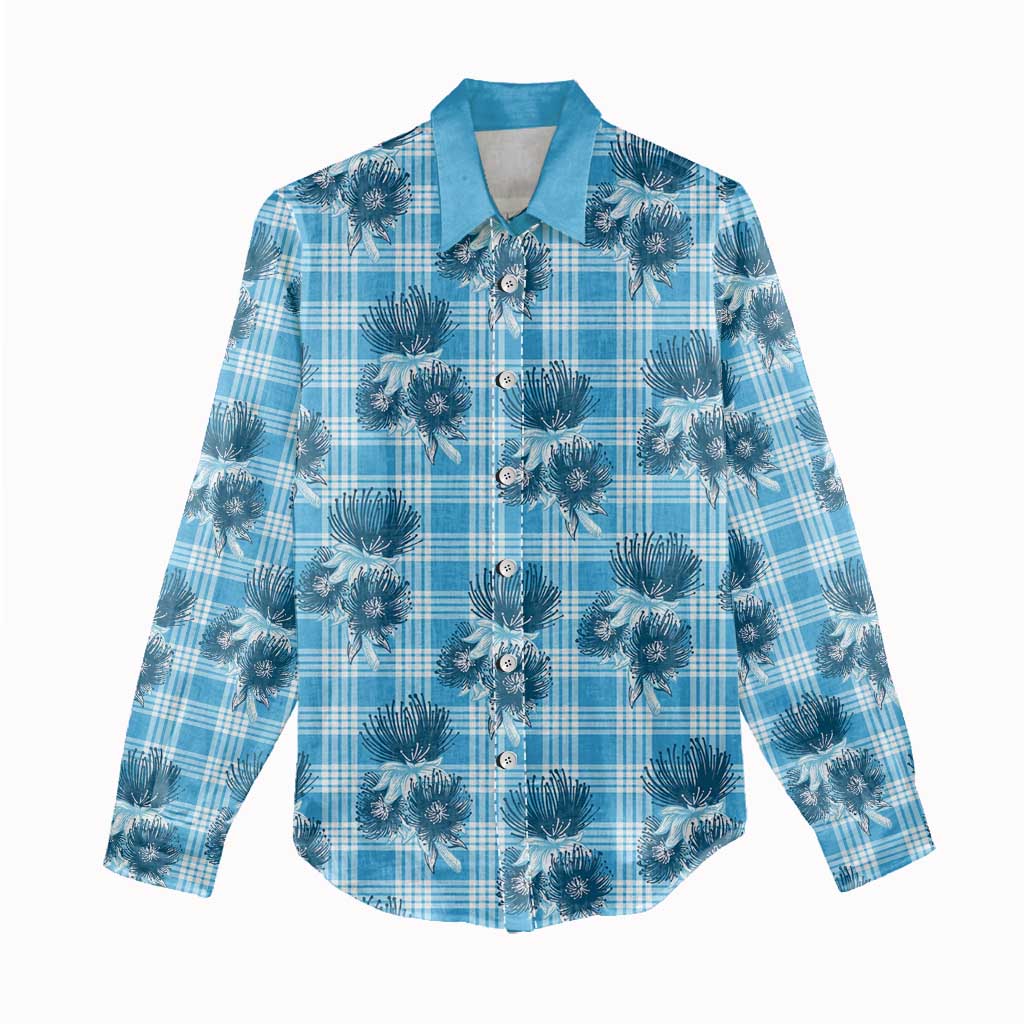 Blue Palaka Hawaii Women Casual Shirt Hawaiian Lehua Blossoms