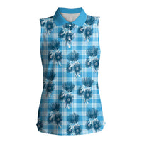 Blue Palaka Hawaii Women Sleeveless Polo Shirt Hawaiian Lehua Blossoms LT05 Female Blue - Polynesian Pride