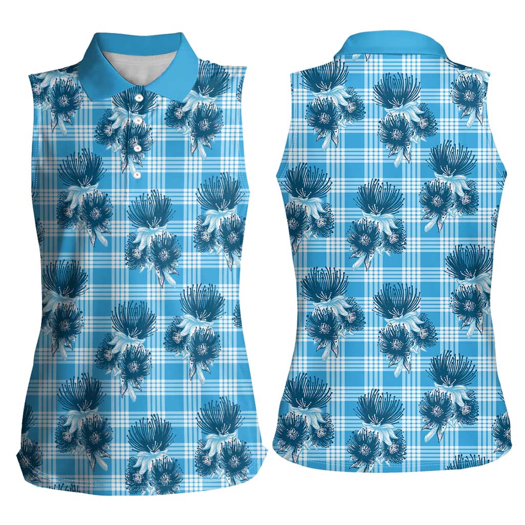 Blue Palaka Hawaii Women Sleeveless Polo Shirt Hawaiian Lehua Blossoms LT05 - Polynesian Pride