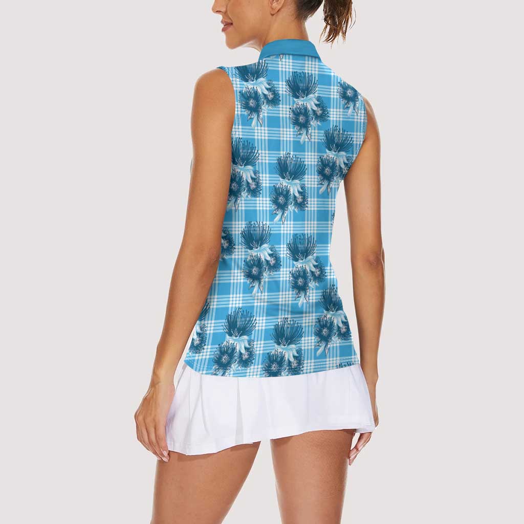 Blue Palaka Hawaii Women Sleeveless Polo Shirt Hawaiian Lehua Blossoms LT05 - Polynesian Pride