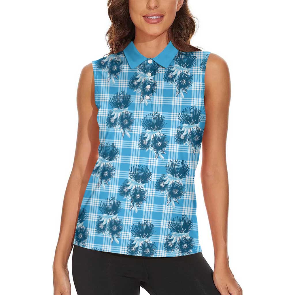 Blue Palaka Hawaii Women Sleeveless Polo Shirt Hawaiian Lehua Blossoms LT05 - Polynesian Pride