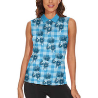 Blue Palaka Hawaii Women Sleeveless Polo Shirt Hawaiian Lehua Blossoms LT05 - Polynesian Pride