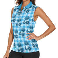 Blue Palaka Hawaii Women Sleeveless Polo Shirt Hawaiian Lehua Blossoms LT05 - Polynesian Pride