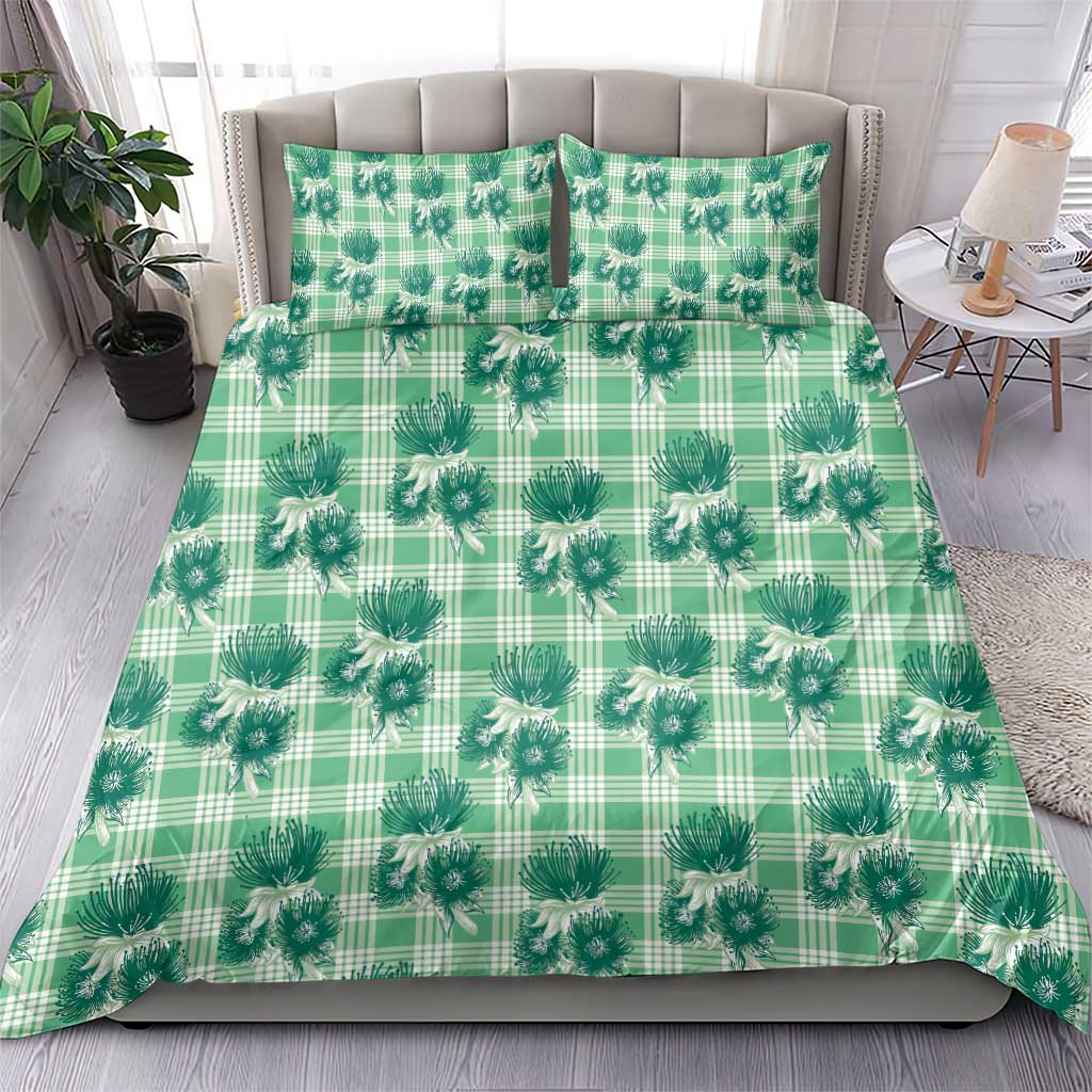 Green Palaka Hawaii Bedding Set Hawaiian Lehua Blossoms