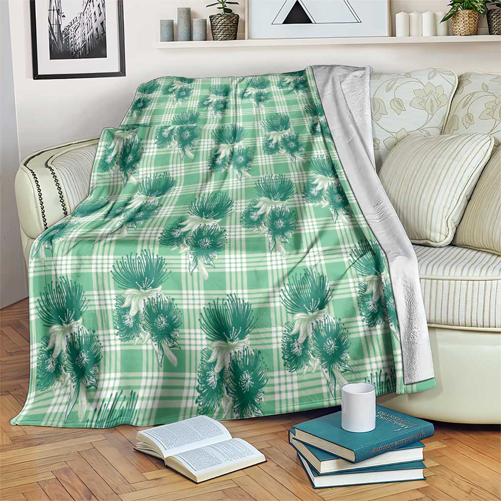 Green Palaka Hawaii Blanket Hawaiian Lehua Blossoms