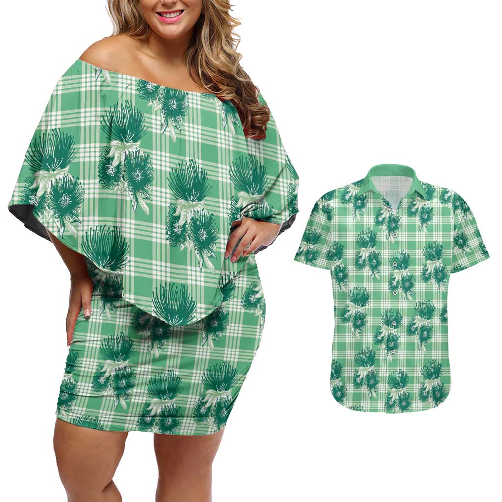 Green Palaka Hawaii Couples Matching Off Shoulder Short Dress and Hawaiian Shirt Hawaiian Lehua Blossoms