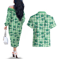 Green Palaka Hawaii Couples Matching Off The Shoulder Long Sleeve Dress and Hawaiian Shirt Hawaiian Lehua Blossoms