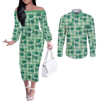 Green Palaka Hawaii Couples Matching Off The Shoulder Long Sleeve Dress and Long Sleeve Button Shirt Hawaiian Lehua Blossoms