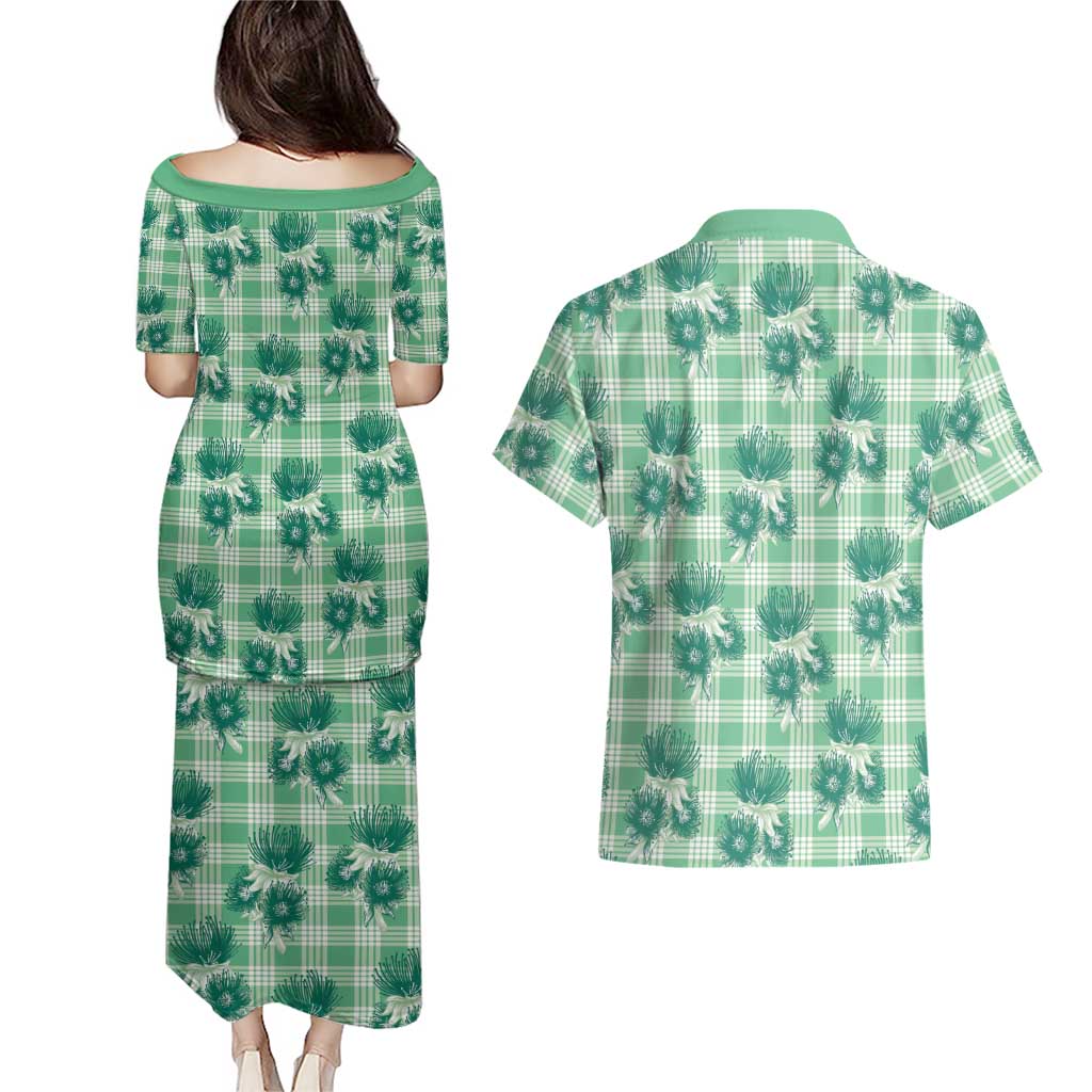 Green Palaka Hawaii Couples Matching Puletasi and Hawaiian Shirt Hawaiian Lehua Blossoms