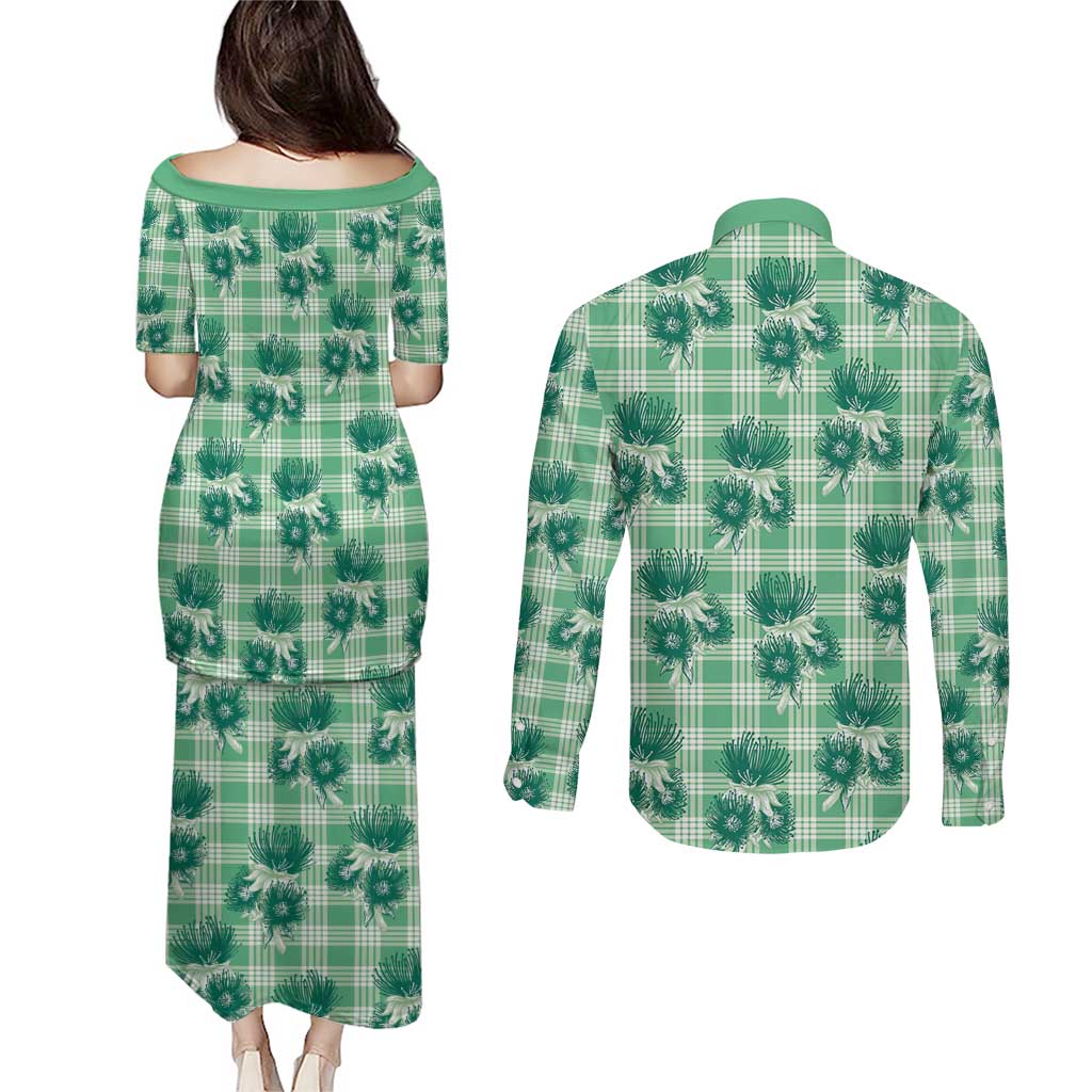 Green Palaka Hawaii Couples Matching Puletasi and Long Sleeve Button Shirt Hawaiian Lehua Blossoms