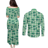 Green Palaka Hawaii Couples Matching Puletasi and Long Sleeve Button Shirt Hawaiian Lehua Blossoms