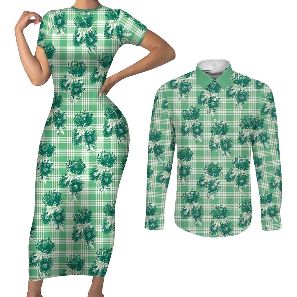 Green Palaka Hawaii Couples Matching Short Sleeve Bodycon Dress and Long Sleeve Button Shirt Hawaiian Lehua Blossoms