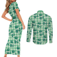 Green Palaka Hawaii Couples Matching Short Sleeve Bodycon Dress and Long Sleeve Button Shirt Hawaiian Lehua Blossoms