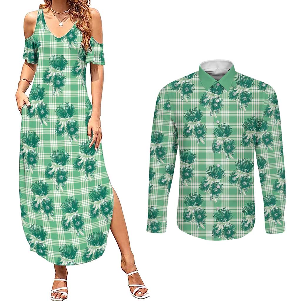 Green Palaka Hawaii Couples Matching Summer Maxi Dress and Long Sleeve Button Shirt Hawaiian Lehua Blossoms