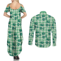 Green Palaka Hawaii Couples Matching Summer Maxi Dress and Long Sleeve Button Shirt Hawaiian Lehua Blossoms