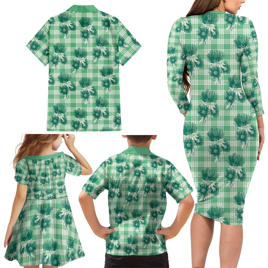 Green Palaka Hawaii Family Matching Long Sleeve Bodycon Dress and Hawaiian Shirt Hawaiian Lehua Blossoms