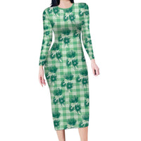 Green Palaka Hawaii Family Matching Long Sleeve Bodycon Dress and Hawaiian Shirt Hawaiian Lehua Blossoms