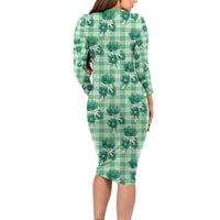 Green Palaka Hawaii Family Matching Long Sleeve Bodycon Dress and Hawaiian Shirt Hawaiian Lehua Blossoms