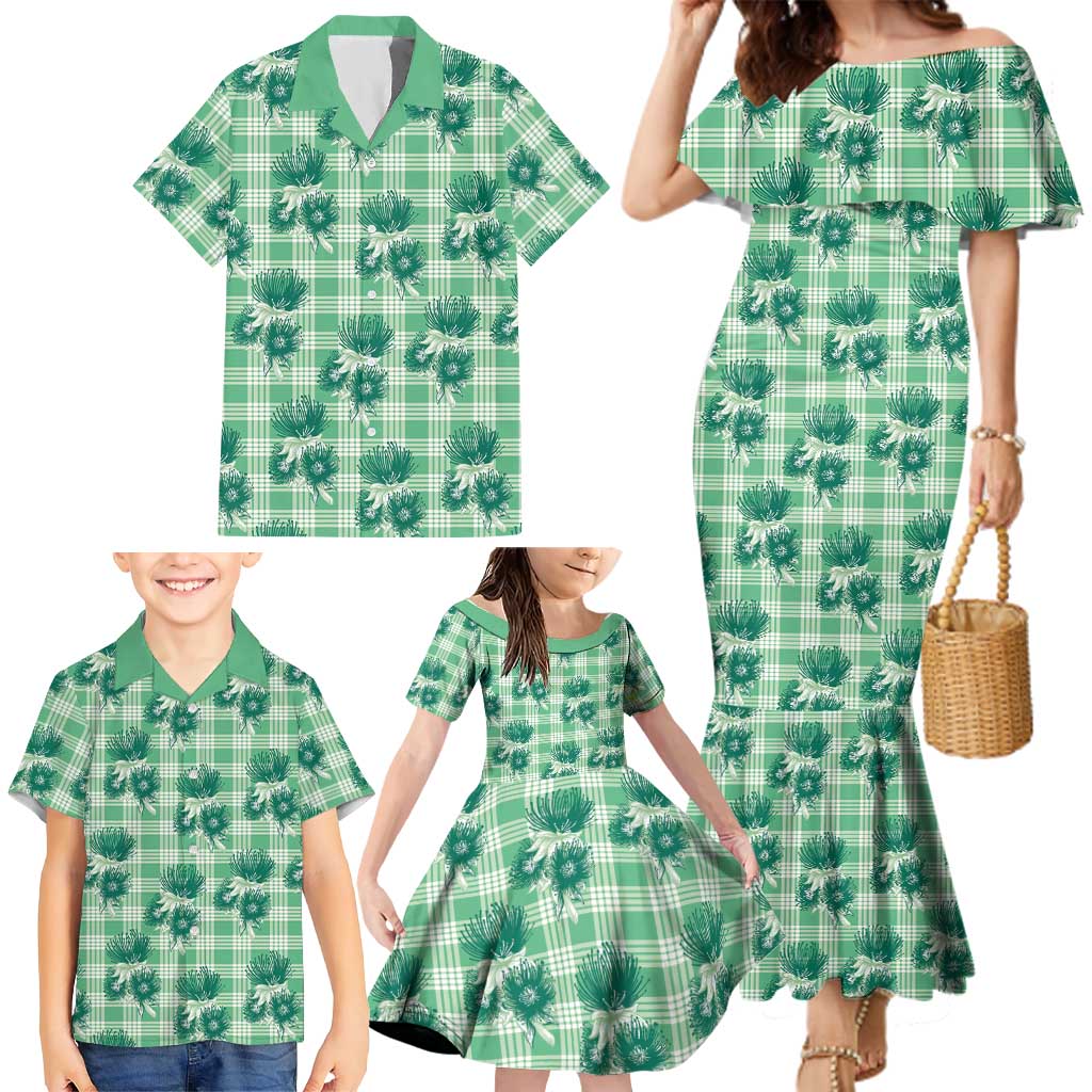 Green Palaka Hawaii Family Matching Mermaid Dress and Hawaiian Shirt Hawaiian Lehua Blossoms