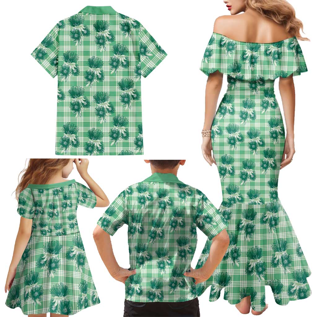 Green Palaka Hawaii Family Matching Mermaid Dress and Hawaiian Shirt Hawaiian Lehua Blossoms
