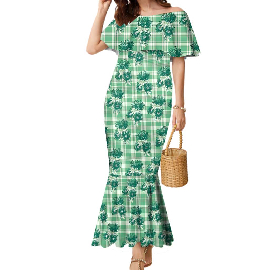 Green Palaka Hawaii Family Matching Mermaid Dress and Hawaiian Shirt Hawaiian Lehua Blossoms