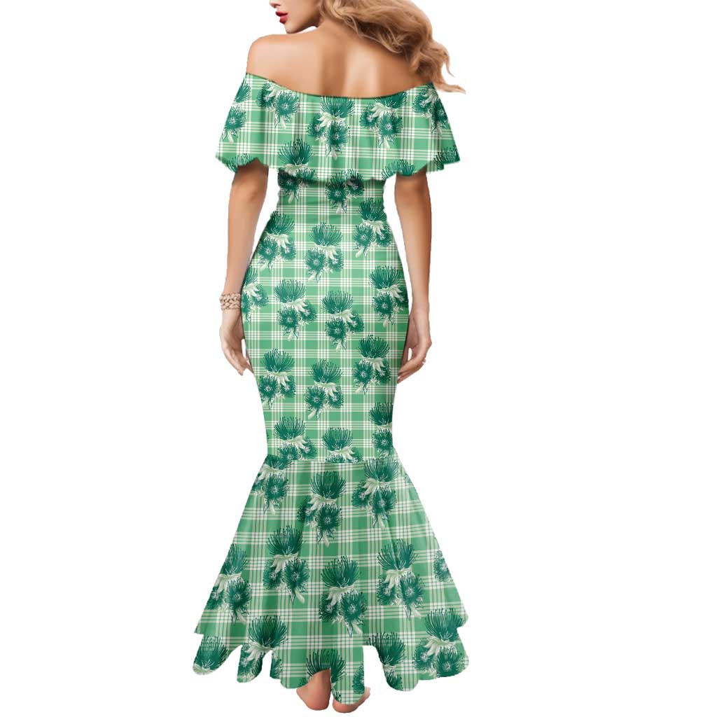 Green Palaka Hawaii Family Matching Mermaid Dress and Hawaiian Shirt Hawaiian Lehua Blossoms