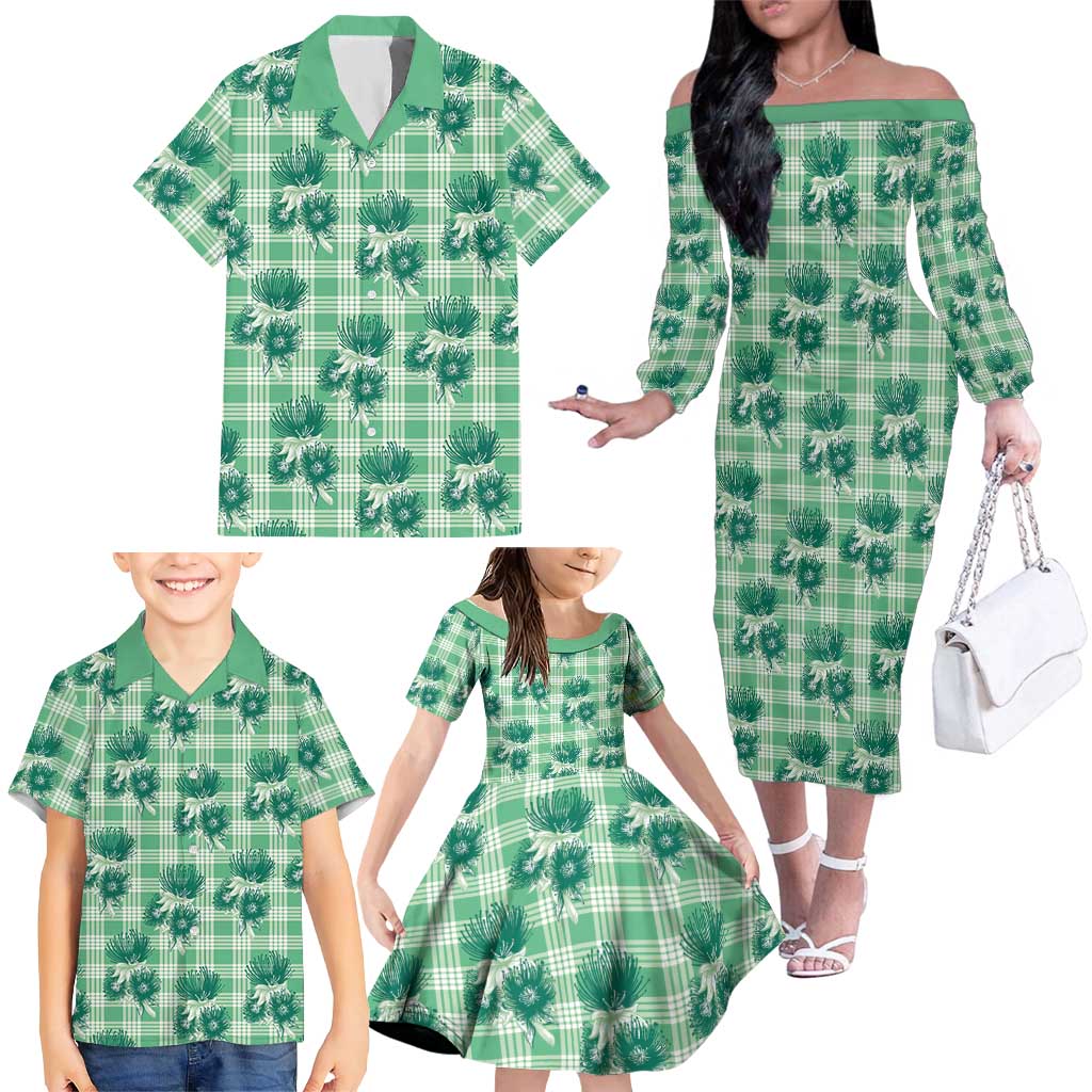 Green Palaka Hawaii Family Matching Off The Shoulder Long Sleeve Dress and Hawaiian Shirt Hawaiian Lehua Blossoms