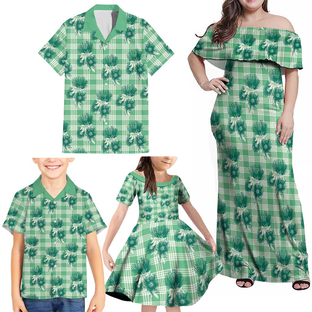 Green Palaka Hawaii Family Matching Off Shoulder Maxi Dress and Hawaiian Shirt Hawaiian Lehua Blossoms