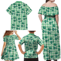 Green Palaka Hawaii Family Matching Off Shoulder Maxi Dress and Hawaiian Shirt Hawaiian Lehua Blossoms