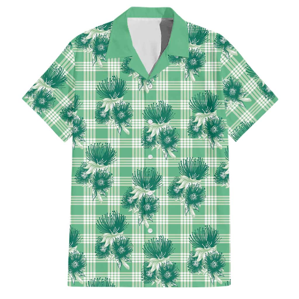 Green Palaka Hawaii Family Matching Off Shoulder Maxi Dress and Hawaiian Shirt Hawaiian Lehua Blossoms