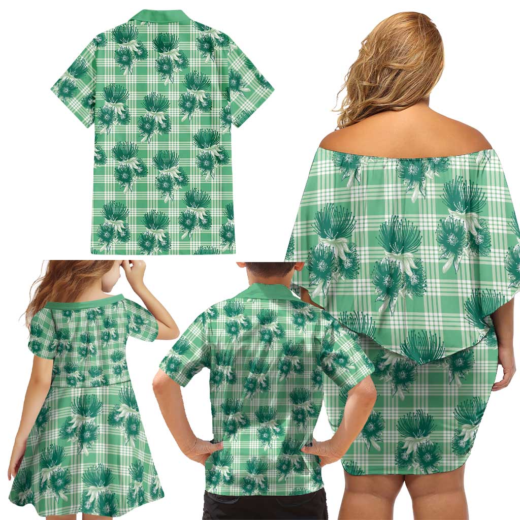 Green Palaka Hawaii Family Matching Off Shoulder Short Dress and Hawaiian Shirt Hawaiian Lehua Blossoms