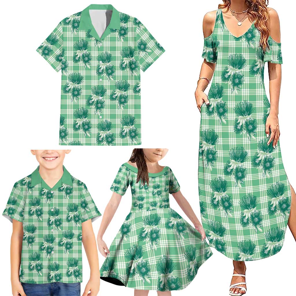 Green Palaka Hawaii Family Matching Summer Maxi Dress and Hawaiian Shirt Hawaiian Lehua Blossoms