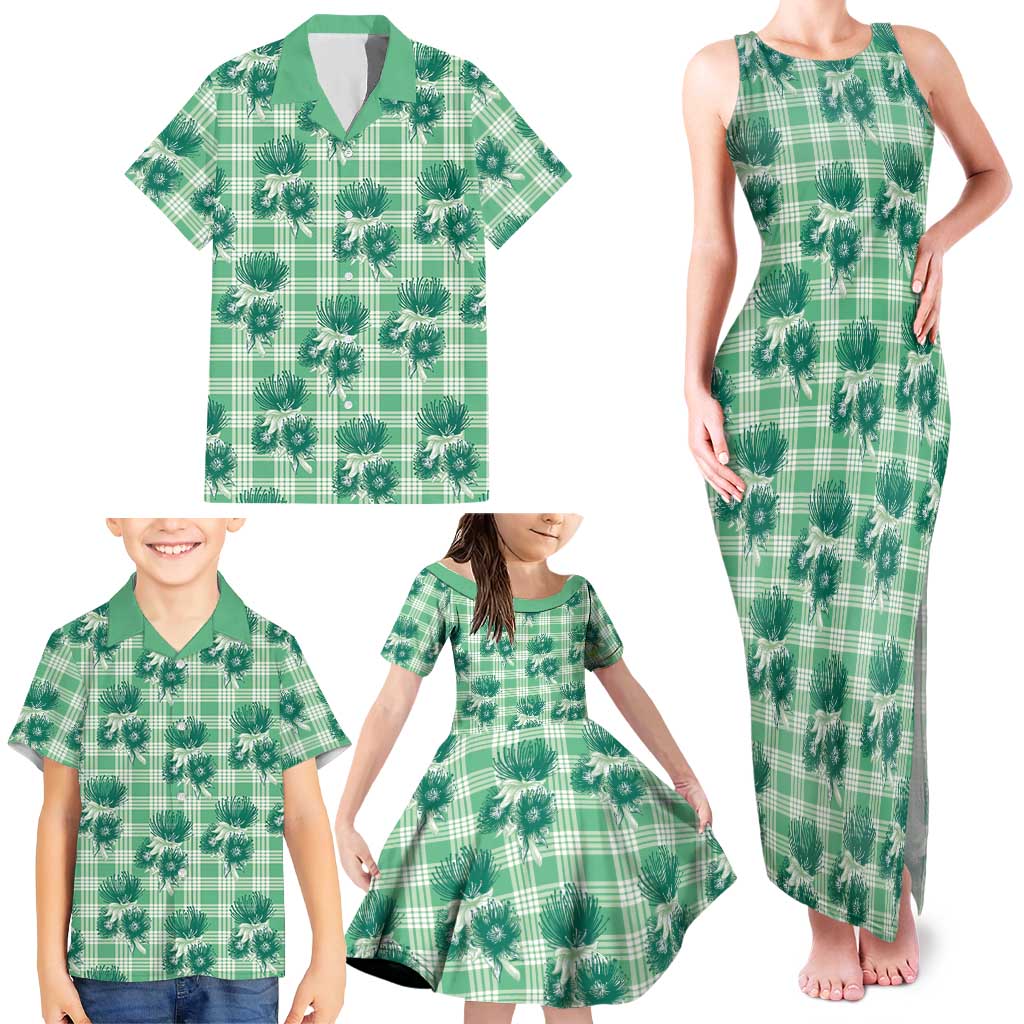 Green Palaka Hawaii Family Matching Tank Maxi Dress and Hawaiian Shirt Hawaiian Lehua Blossoms