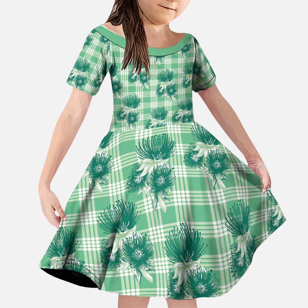 Green Palaka Hawaii Kid Short Sleeve Dress Hawaiian Lehua Blossoms