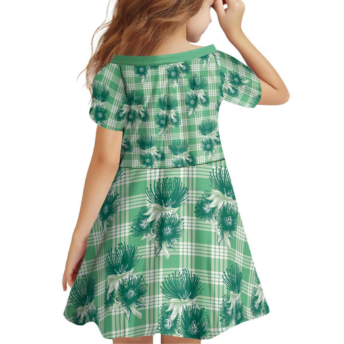 Green Palaka Hawaii Kid Short Sleeve Dress Hawaiian Lehua Blossoms