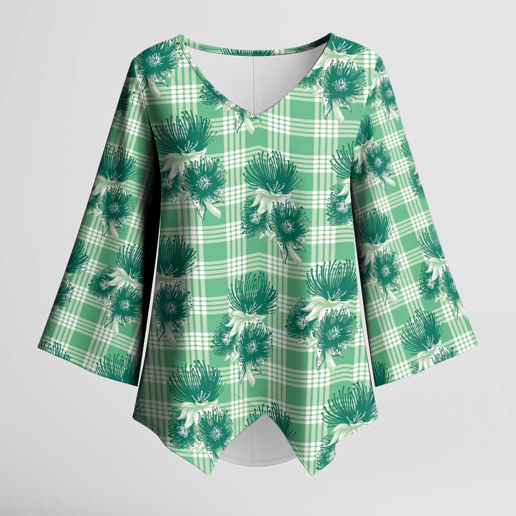 Green Palaka Hawaii Kimono Sleeve Blouse Hawaiian Lehua Blossoms