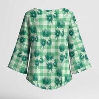 Green Palaka Hawaii Kimono Sleeve Blouse Hawaiian Lehua Blossoms