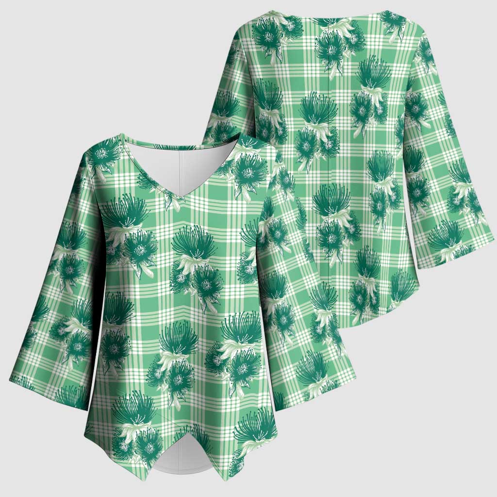 Green Palaka Hawaii Kimono Sleeve Blouse Hawaiian Lehua Blossoms