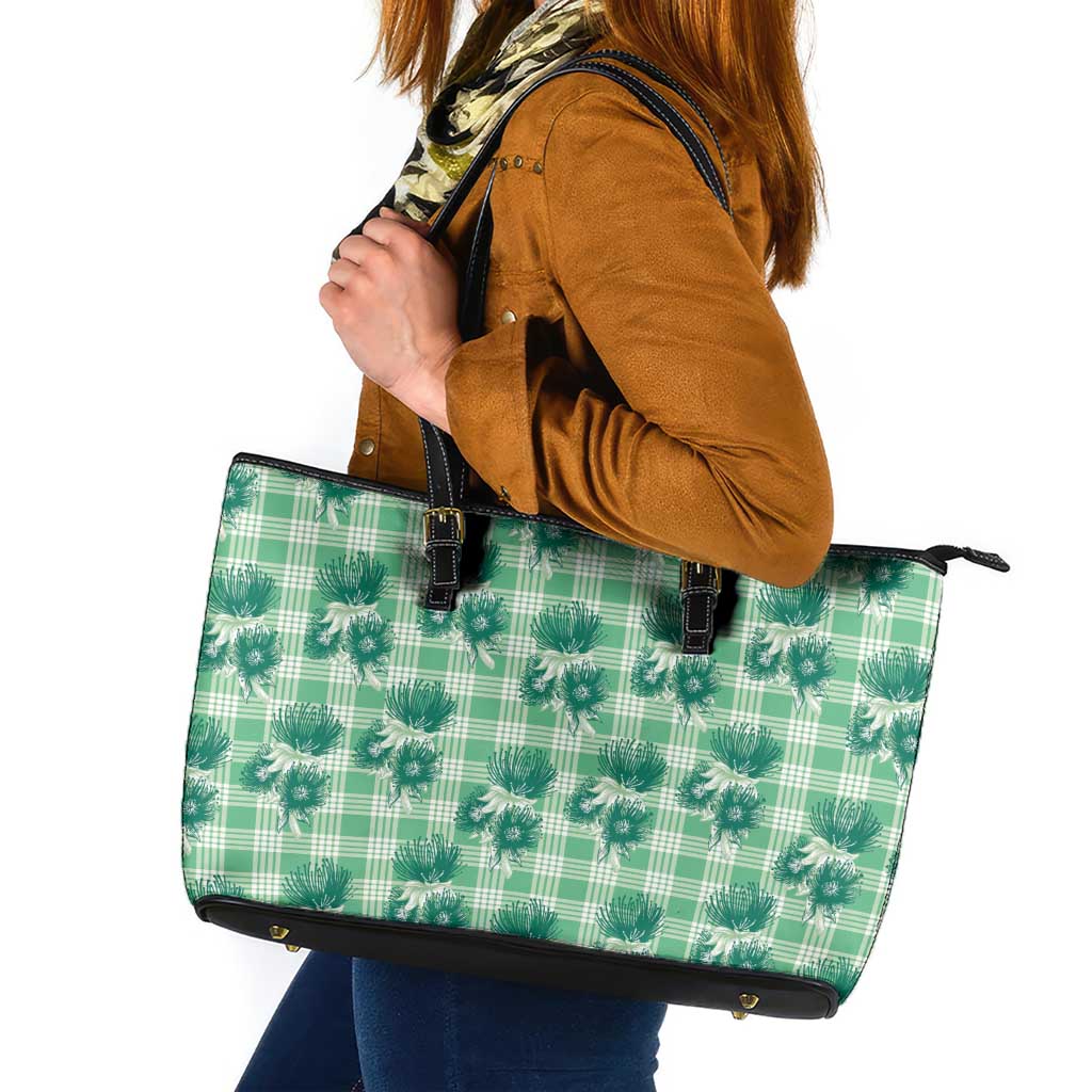 Green Palaka Hawaii Leather Tote Bag Hawaiian Lehua Blossoms LT05 Green - Polynesian Pride